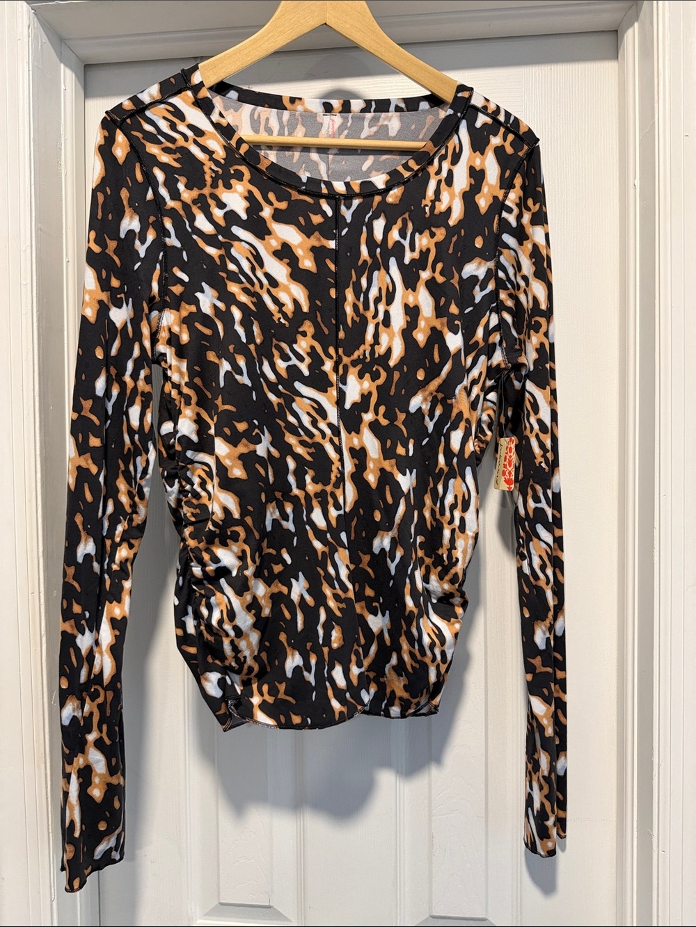 NWT Free People Movement Long-Sleeve Animal Print Top in Black & Brown